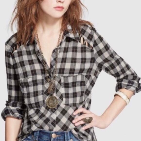 Free People Black White Plaid Lace-Up Cutout Snap Down Gauze Long Sleeve Shirt - Picture 1 of 13